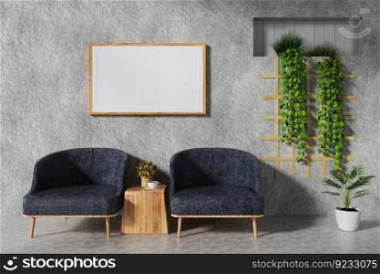 3D illustration, Mockup photo frame on the wall of living room or working place, Interior of comfortable with luxury armchair and wooden furniture, rendering