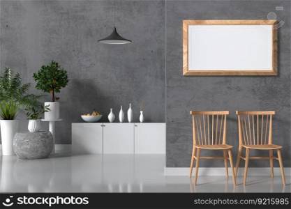 3D illustration, Mockup photo frame on the wall of lounge, Interior of comfortable with luxury and beautiful furniture, rendering