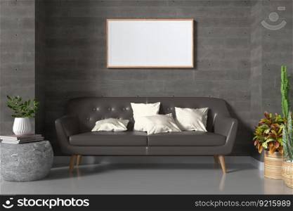 3D illustration, Mockup photo frame on the wall of lounge, Interior of comfortable with luxury and beautiful furniture, rendering
