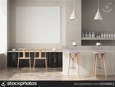3D illustration, Mockup photo frame on the wall of lounge or canteen, Interior of comfortable with luxury sofa and beautiful furniture, rendering
