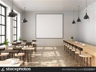 3D illustration, Mockup photo frame on the wall of lounge or canteen, Interior of comfortable with luxury sofa and beautiful furniture, rendering