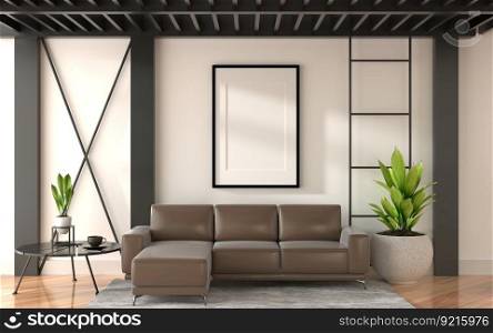 3D illustration, Mockup photo frame on the wall of lounge or restaurant , Interior of comfortable with luxury and beautiful furniture, rendering 