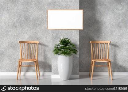 3D illustration, Mockup photo frame on the wall of lounge or waiting area, Interior of comfortable with luxury and beautiful furniture with houseplant, rendering