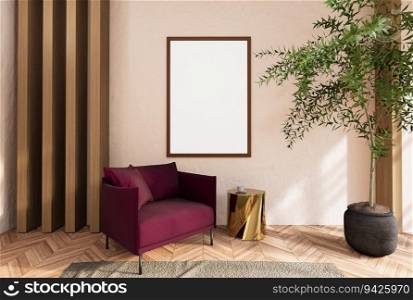 3D illustration mockup photo frame on the wall over armchair in living room, decorated with houseplant and sunlight from window, rendering