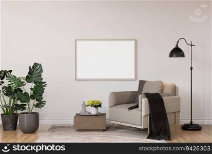 3D illustration mockup photo frame on the wall over armchair in living room, decorated with houseplant and sunlight from window, rendering