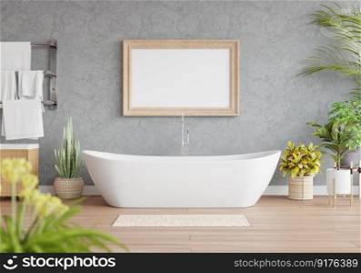 3D illustration mockup photo frame on the wall over bathtub in bathroom with plant pot, Decorated with comfortable equipment on wooden floor, rendering