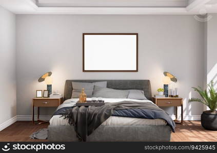 3D illustration, Mockup photo frame on the wall over bed in bedroom, Interior of comfortable with luxury and beautiful furniture, rendering