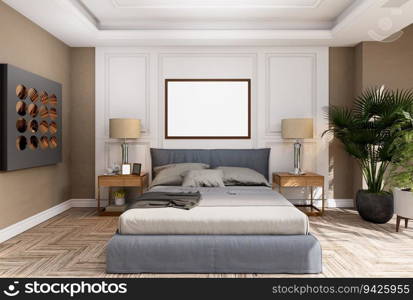 3D illustration, Mockup photo frame on the wall over bed in bedroom, Interior of comfortable with luxury and beautiful furniture, rendering