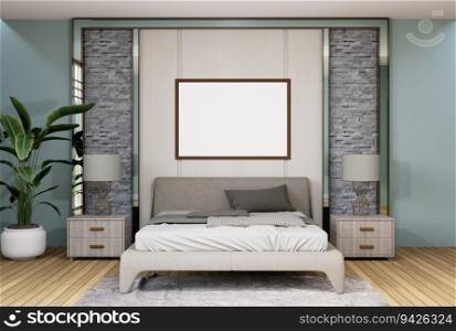 3D illustration, Mockup photo frame on the wall over bed in bedroom, Interior of comfortable with luxury and beautiful furniture, rendering