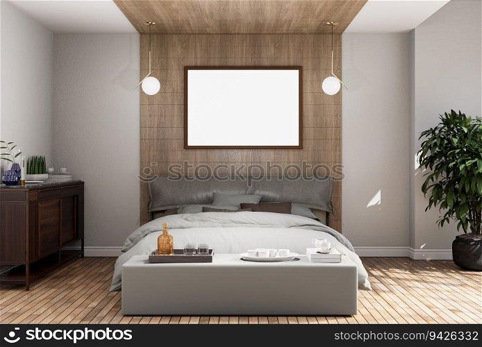3D illustration, Mockup photo frame on the wall over bed in bedroom, Interior of comfortable with luxury and beautiful furniture, rendering