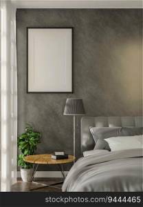 3D illustration, Mockup photo frame on the wall over bed in  bedroom, Interior of comfortable with luxury and beautiful furniture, rendering