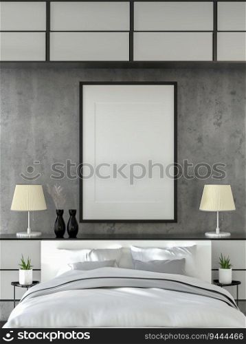 3D illustration, Mockup photo frame on the wall over bed in  bedroom, Interior of comfortable with luxury and beautiful furniture, rendering
