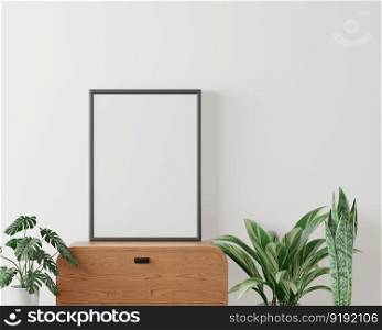3D illustration mockup photo frame on the wall over cabinet, Decorated with scandinavian style interior and natural rendering