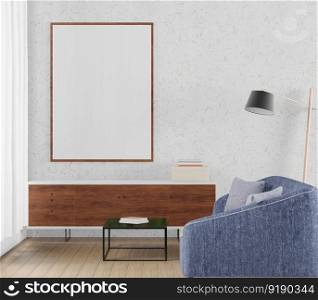 3D illustration mockup photo frame on the wall over cabinet in living room, scandinavian style interior with cozy furniture decoration concept, rendering