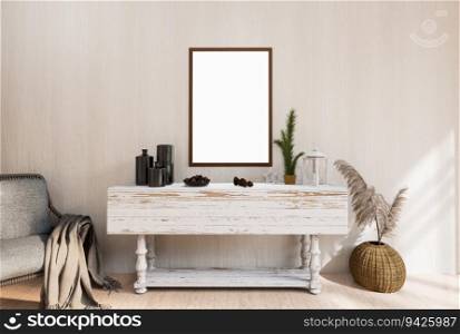 3D illustration. mockup photo frame on  the wall over cabinet in living room, decorated with luxury furniture and houseplant, sunlight from window, rendering