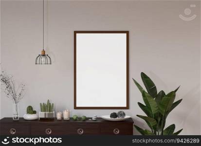 3D illustration. mockup photo frame on the wall over cabinet in living room, decorated with luxury furniture and houseplant, sunlight from window, rendering