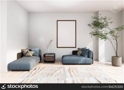 3D illustration mockup photo frame on the wall over sofa bed in living room, decorated with houseplant and sunlight from window, rendering