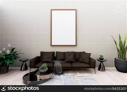 3D illustration mockup photo frame on the wall over sofa in living room, decorated with houseplant, rendering