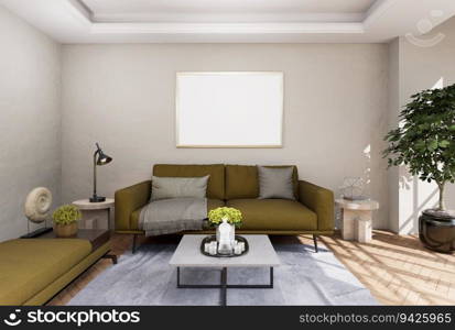 3D illustration mockup photo frame on the wall over sofa in living room, decorated with houseplant and sunlight from window, rendering