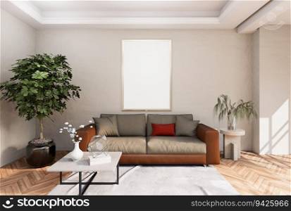 3D illustration mockup photo frame on the wall over sofa in living room, decorated with houseplant and sunlight from window, rendering