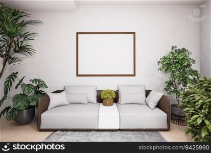 3D illustration mockup photo frame on the wall over sofa in living room, decorated with houseplant and sunlight from window, rendering