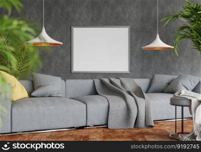 3D illustration mockup photo frame on the wall over sofa set in living room, scandinavian style interior with cozy furniture and houseplant in natural decoration concept, rendering