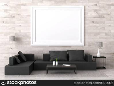 3D illustration mockup photo frame on the wall over sofa set in living room, scandinavian style interior with fabric couch and coffee table, rendering