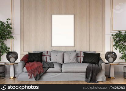 3D illustration mockup photo frame on the wall over sofa with cushion in living room, decorated with houseplant and sunlight from window, rendering