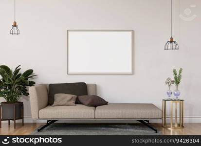 3D illustration mockup photo frame on the wall over sofa with cushion in living room, decorated with houseplant and sunlight from window, rendering