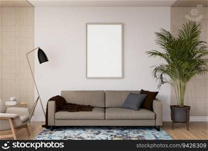 3D illustration mockup photo frame on the wall over sofa with cushion in living room, decorated with houseplant and sunlight from window, rendering