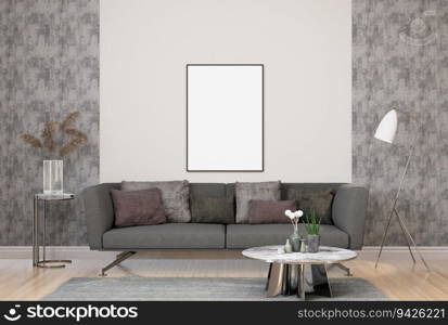 3D illustration mockup photo frame on the wall over sofa with in living room, interior design with luxury furniture and decorated with houseplant and sunlight from window, rendering