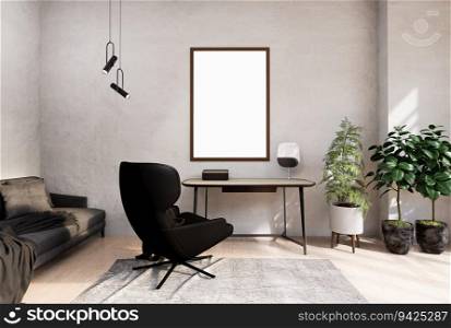 3D illustration mockup photo frame on the wall over table in living room, decorated with sofa and houseplant, sunlight from window, rendering