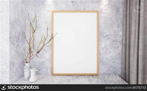 3D illustration,  mockup photo frame on top of marble counter near the wall,  plants or branch of tree in port in corner of living room in minimal style, 3d rendering.
