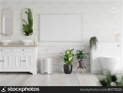3D illustration mockup photo frame on white wall between sink of washbasin and sanitary in toilet or bathroom, Decorated in white theme