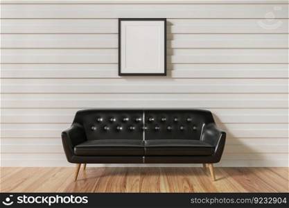 3D illustration, Mockup photo frame on white wall of living room, Interior decoration with black sofa on wooden floor, rendering