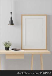 3D illustration mockup photo frame on wooden table near wall in living room, scandinavian style interior with cozy furniture decoration concept, rendering