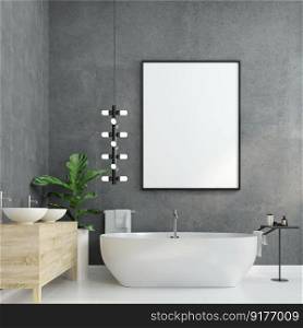 3D illustration mockup photo frame on wooden wall over bathtub in bathroom near sink with washbasin, Decorated with comfortable equipment on floor, rendering