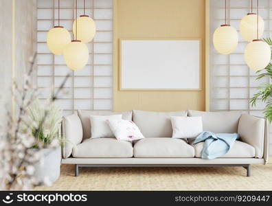 3D illustration mockup photo frame over beautiful sofa in living room Interior with Traditional Japanese style, rendering