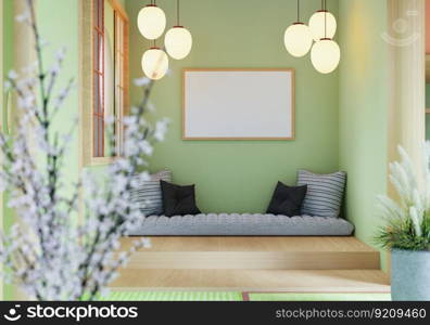 3D illustration mockup photo frame over beautiful sofa in living room Interior with Traditional Japanese style, rendering