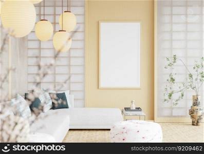 3D illustration mockup photo frame over beautiful sofa in living room Interior with Traditional Japanese style, rendering