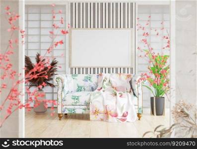 3D illustration mockup photo frame over beautiful sofa in living room Interior with Traditional Japanese style, rendering