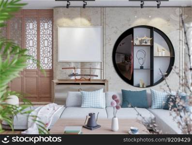3D illustration mockup photo frame over beautiful wall in living room Interior with Traditional Japanese style, rendering