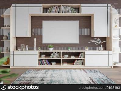 3D illustration mockup photo frame under showcase, bookshelf in riving room, carpet on wooded floor,  rendering