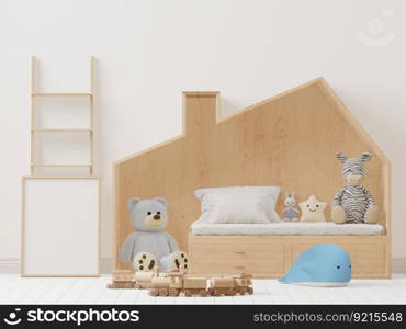 3D Illustration Mockup photo frame with Interior Kids Bedroom, Scandinavian style, 3D Rendering