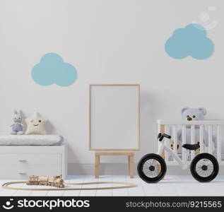 3D Illustration Mockup photo frame with Interior Kids Bedroom, Scandinavian style, 3D Rendering