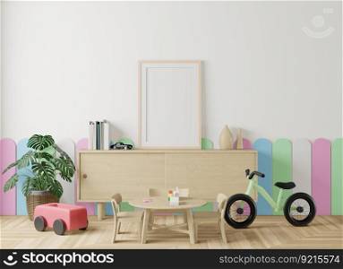 3D Illustration Mockup photo frame with Interior Kids Bedroom, Scandinavian style, 3D Rendering