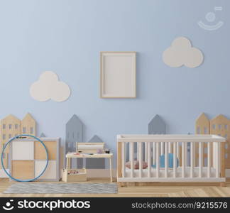 3D Illustration Mockup photo frame with Interior Kids Bedroom, Scandinavian style, 3D Rendering