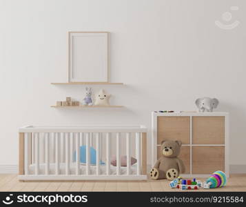 3D Illustration Mockup photo frame with Interior Kids Bedroom, Scandinavian style, 3D Rendering