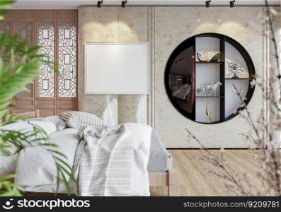 3D illustration, Mockup photo with beautiful frame in Bedroom decorated contemporary retro and modern styles for beauty and comfort. rendering