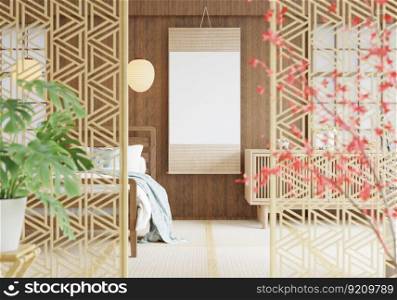 3D illustration, Mockup photo with beautiful frame in Bedroom decorated contemporary retro and modern styles for beauty and comfort. rendering